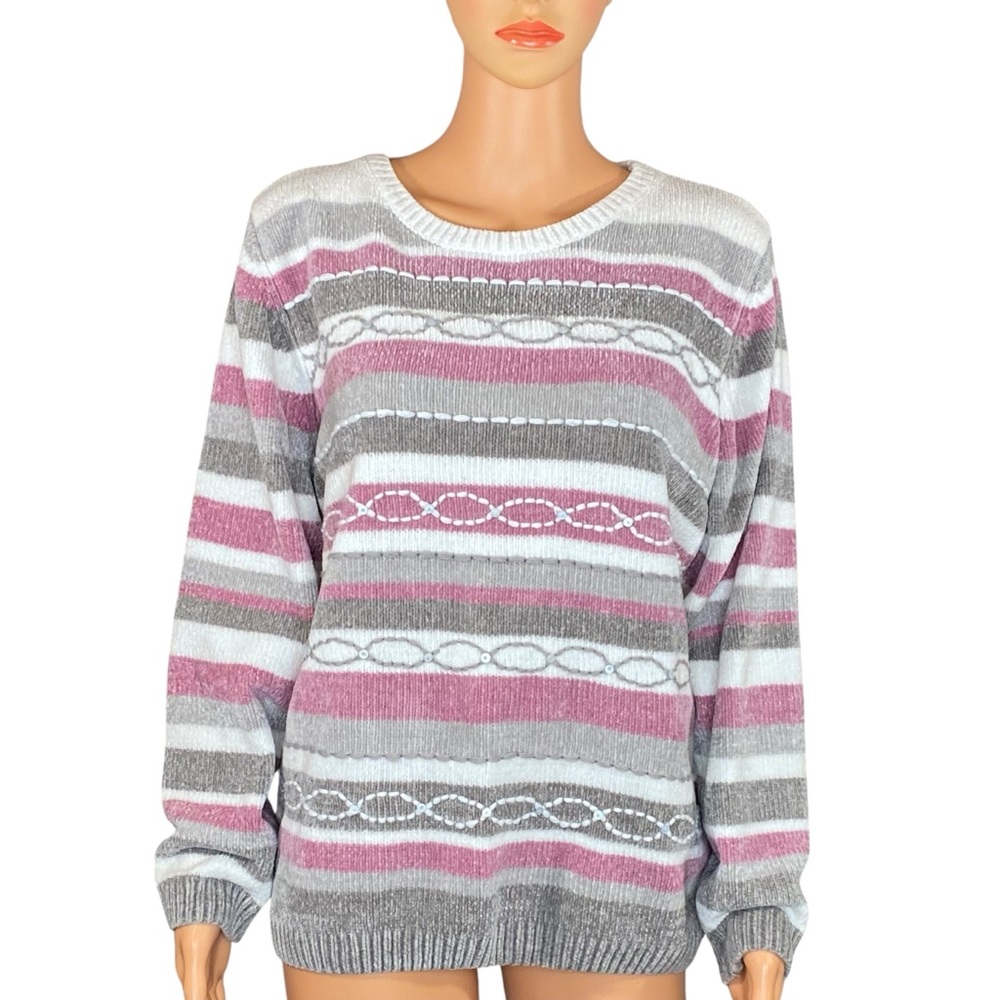 Alfred Dunner Women's Striped Sweater in Gray and Pink